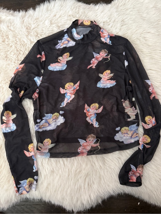Tops - Black Mesh Long Sleeve Top with Cherub Print 1XL